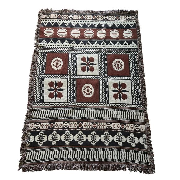 Vintage Throw Blanket Handcrafted Geometric Design Fringed Edges - Picture 1 of 4